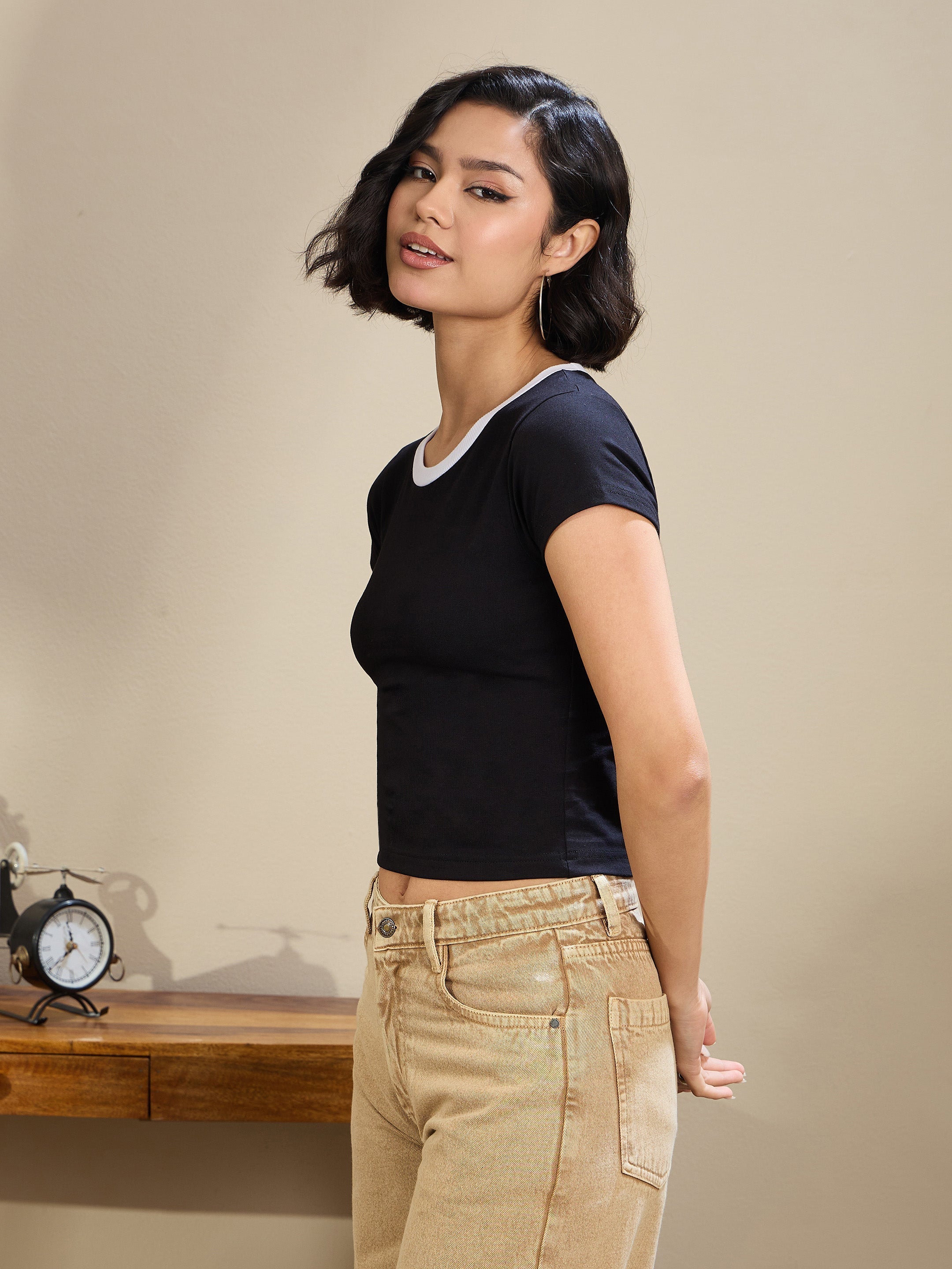 Women Black Contrast Round Neck Crop T-Shirt-SFTOPS42176