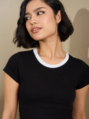 Women Black Contrast Round Neck Crop T-Shirt-SFTOPS42176