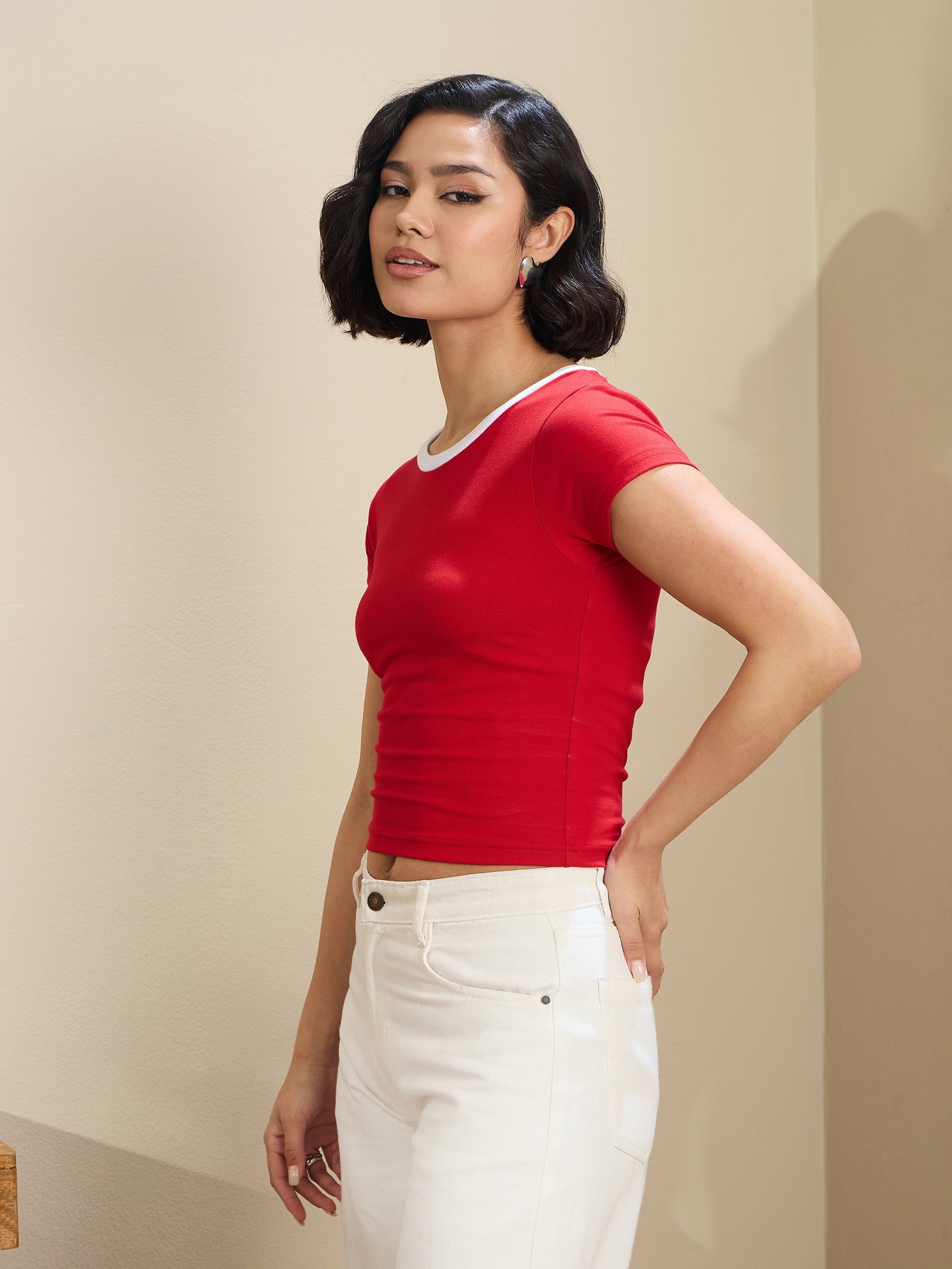 Women Red Contrast Round Neck Crop T-Shirt-SFTOPS42177