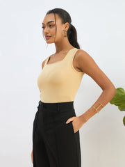 Women Beige Rhombus Neck Sleeveless Bodysuit-SFTOPS42256