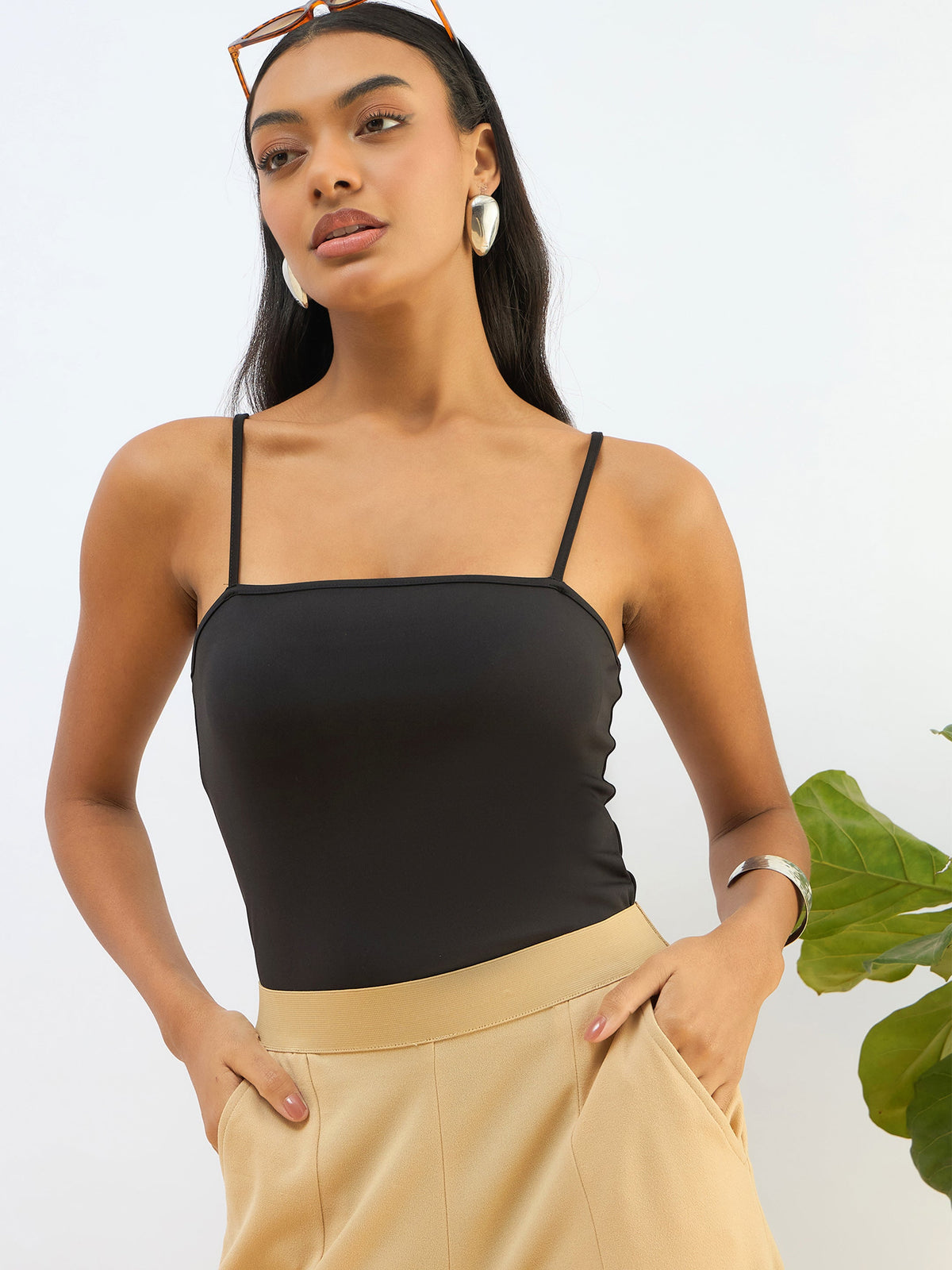 Women Black Strappy Knitted Bodysuit-SFTOPS42258