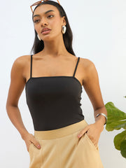 Women Black Strappy Knitted Bodysuit-SFTOPS42258