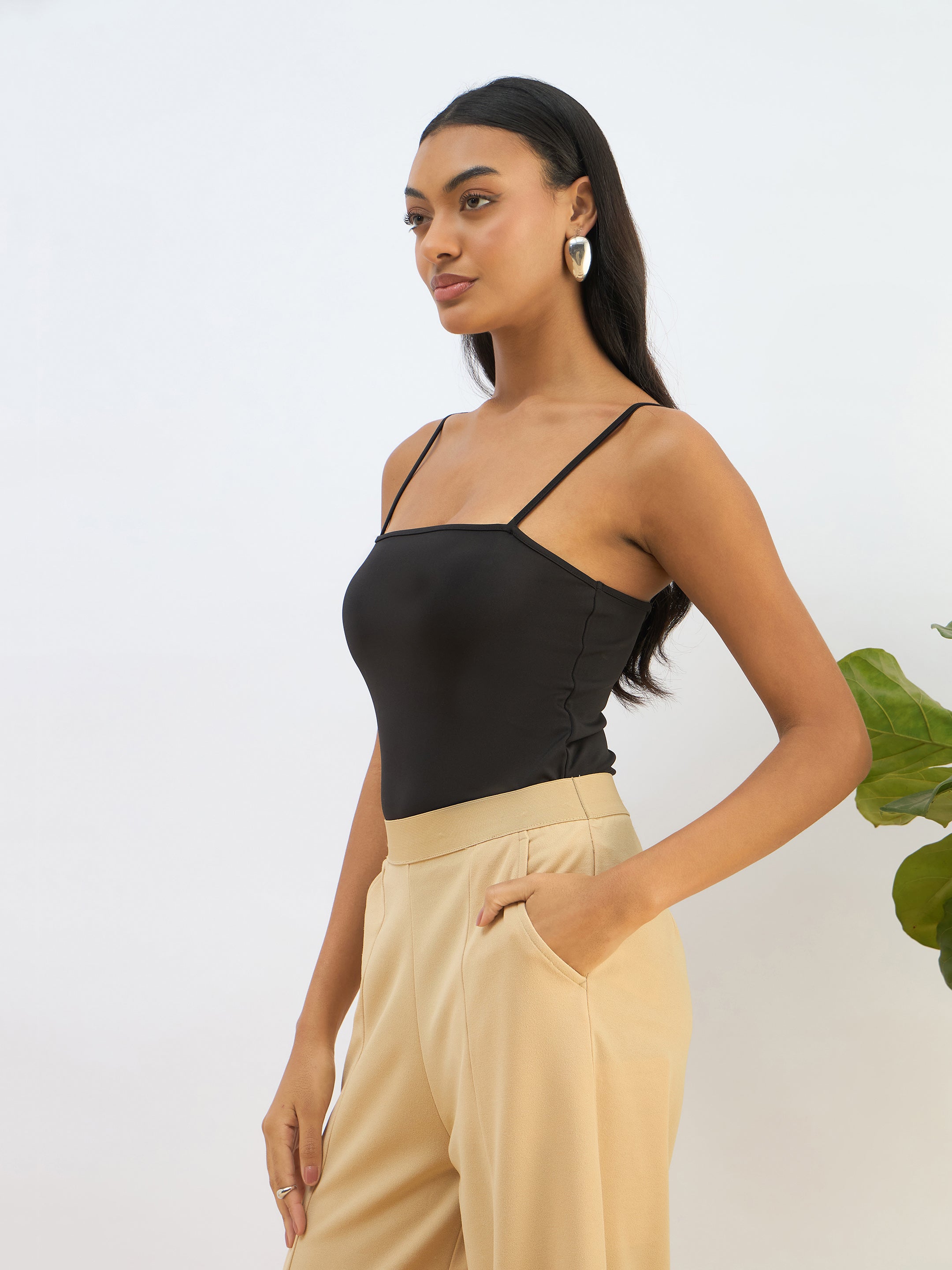 Women Black Strappy Knitted Bodysuit-SFTOPS42258