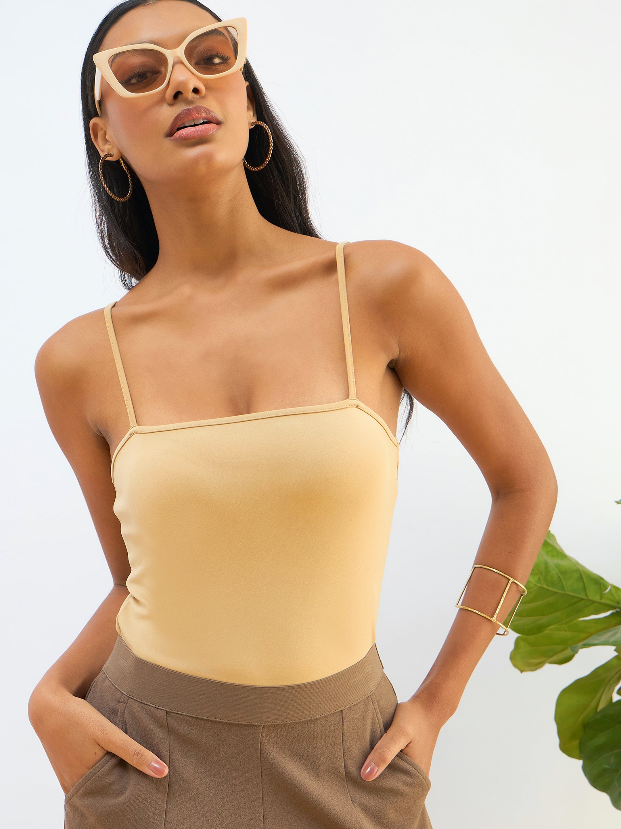 Women Beige Strappy Knitted Bodysuit-SFTOPS42259