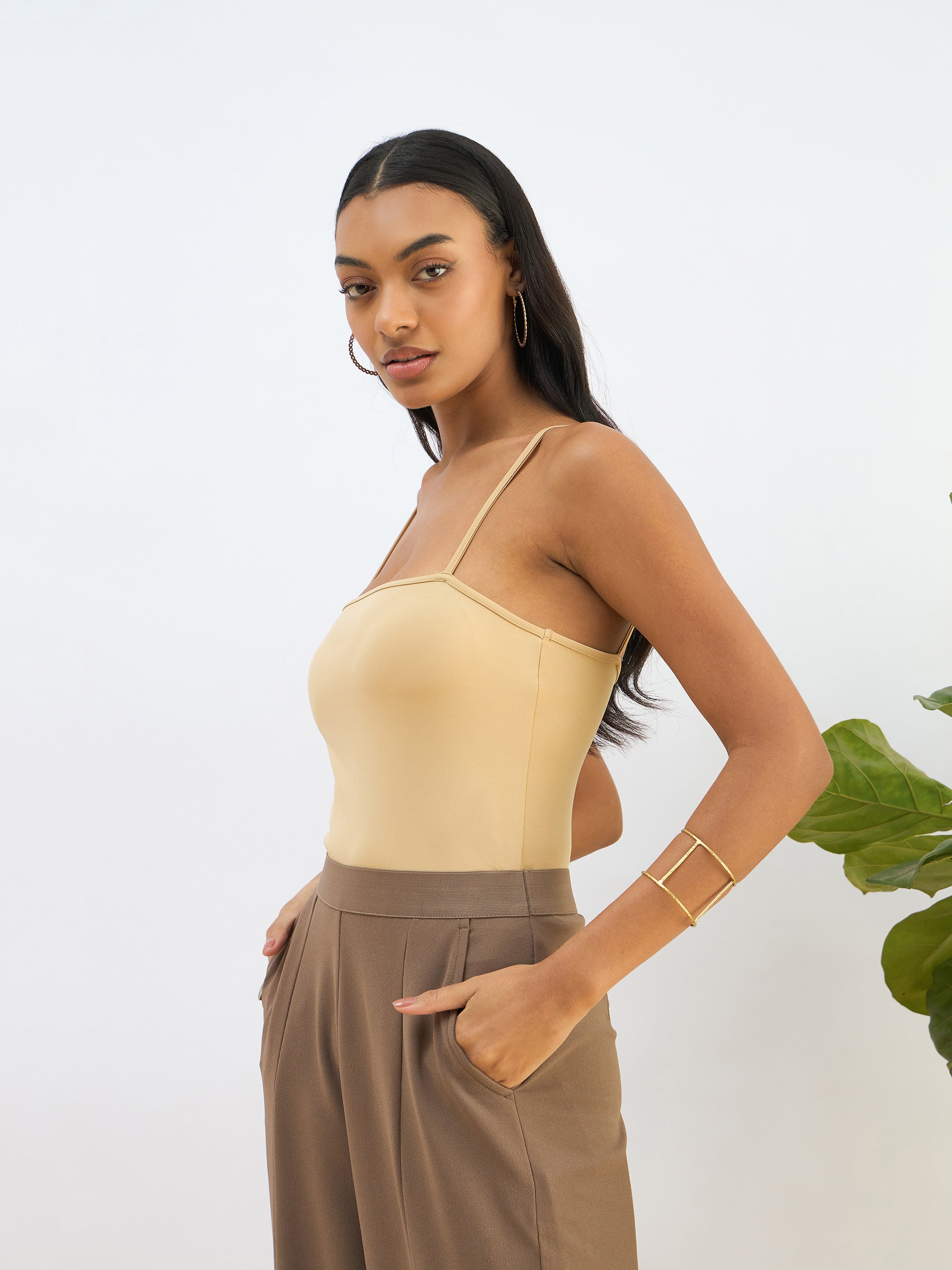 Women Beige Strappy Knitted Bodysuit-SFTOPS42259