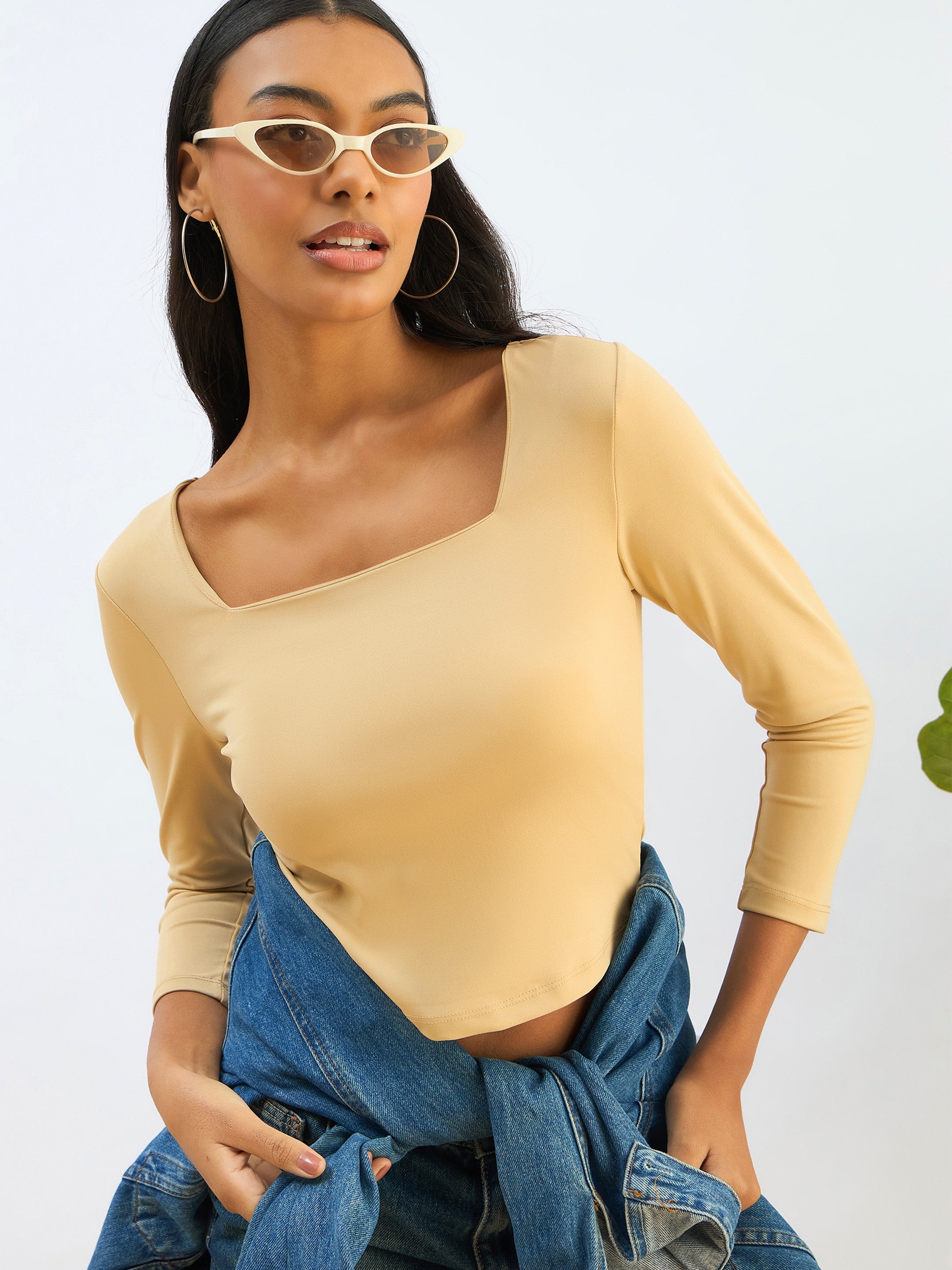 Women Beige Square Neck Knitted Crop Top-SFTOPS42262