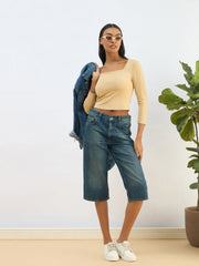 Women Beige Square Neck Knitted Crop Top-SFTOPS42262