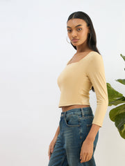 Women Beige Square Neck Knitted Crop Top-SFTOPS42262