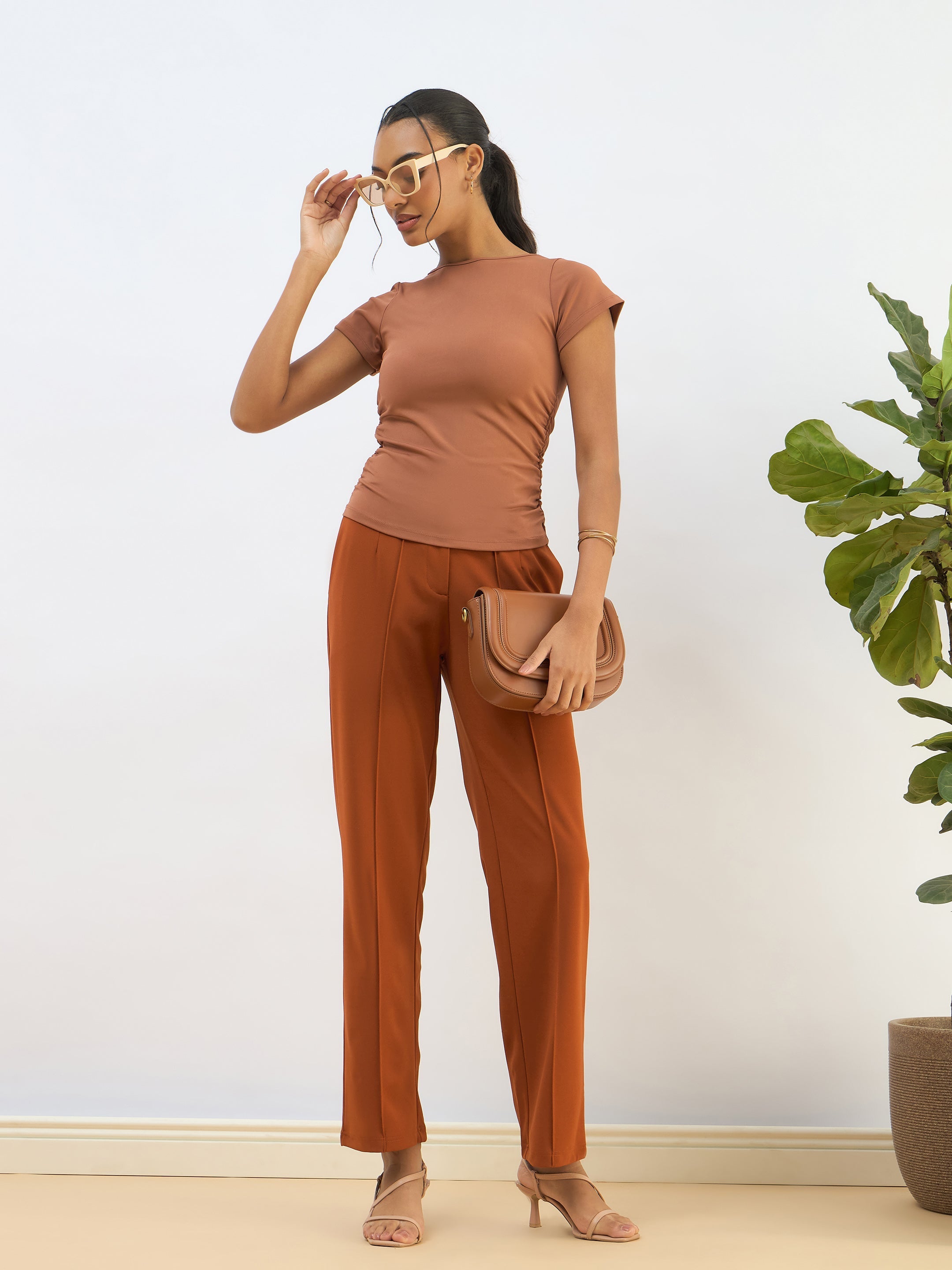 Women Rust Knitted Short Sleeve Ruched Crop Top-SFTOPS42267