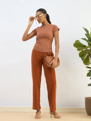 Women Rust Knitted Short Sleeve Ruched Crop Top-SFTOPS42267