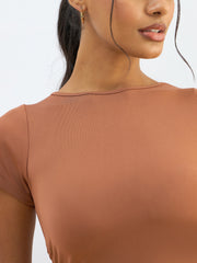 Women Rust Knitted Short Sleeve Ruched Crop Top-SFTOPS42267