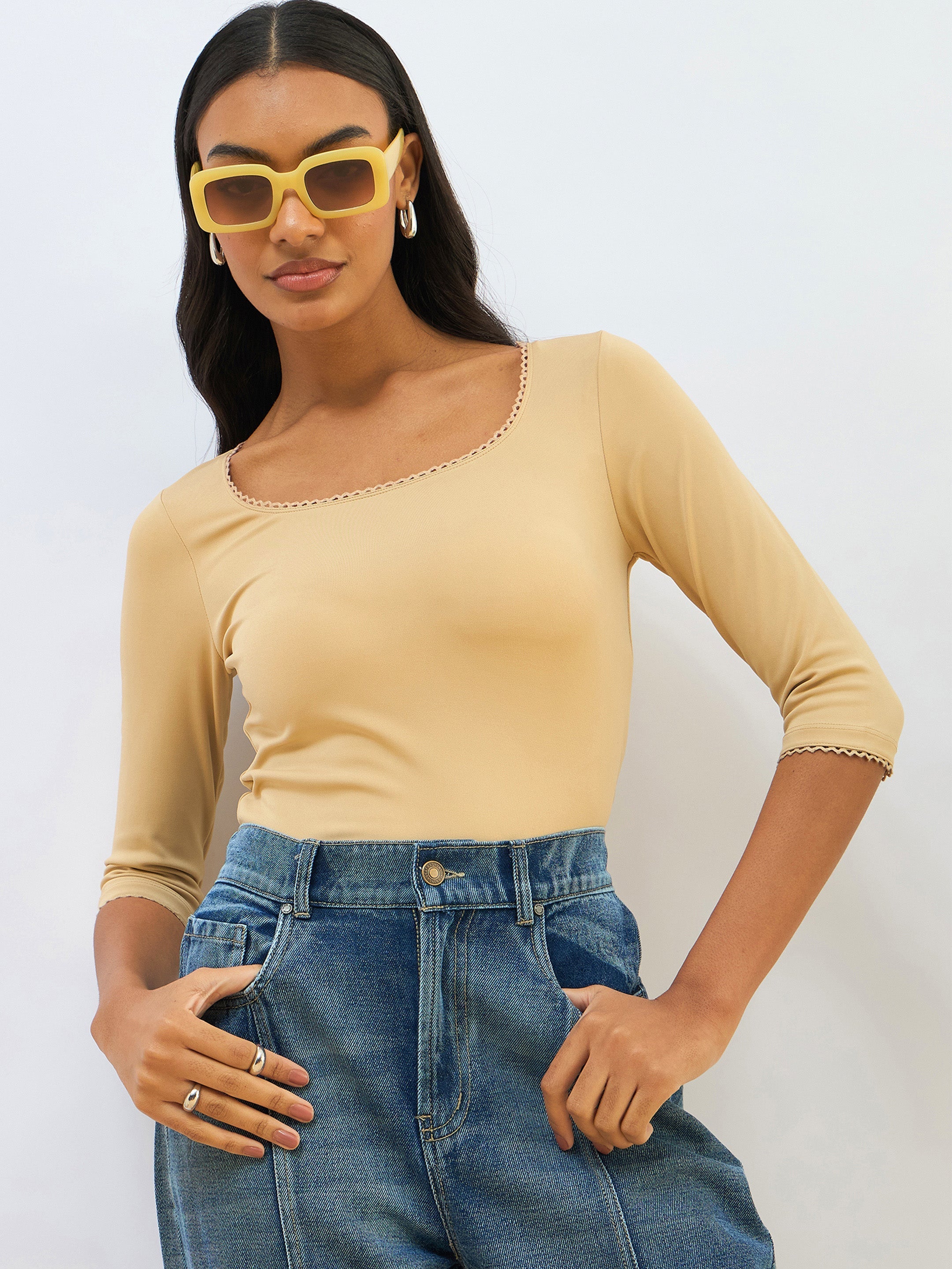 Women Beige Knitted Lace Detail Crop Top-SFTOPS42270