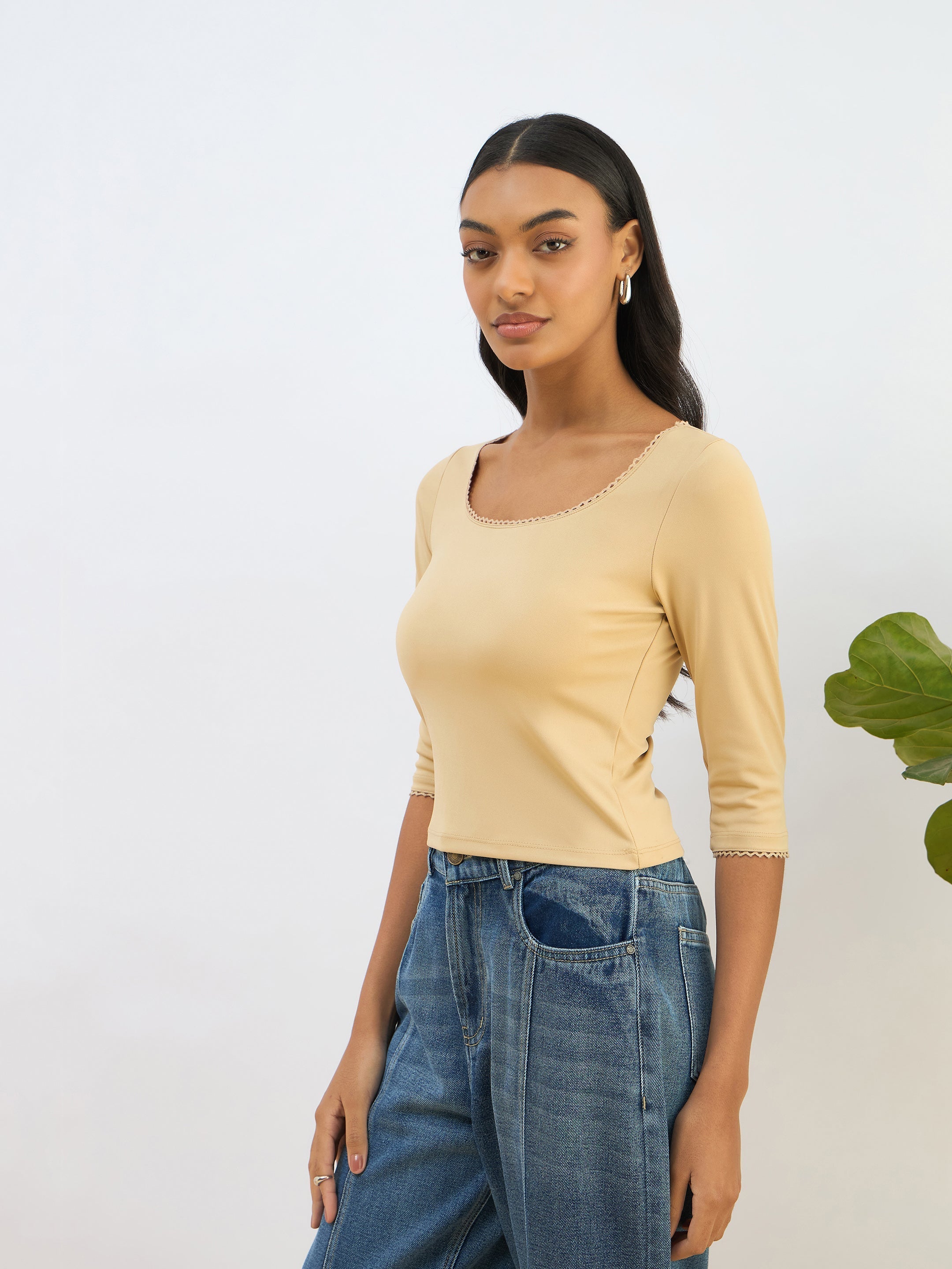 Women Beige Knitted Lace Detail Crop Top-SFTOPS42270