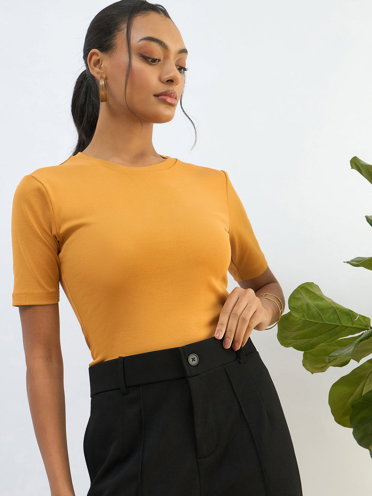 Women Mustard Rib Short Sleeves Top-SFTOPS42274