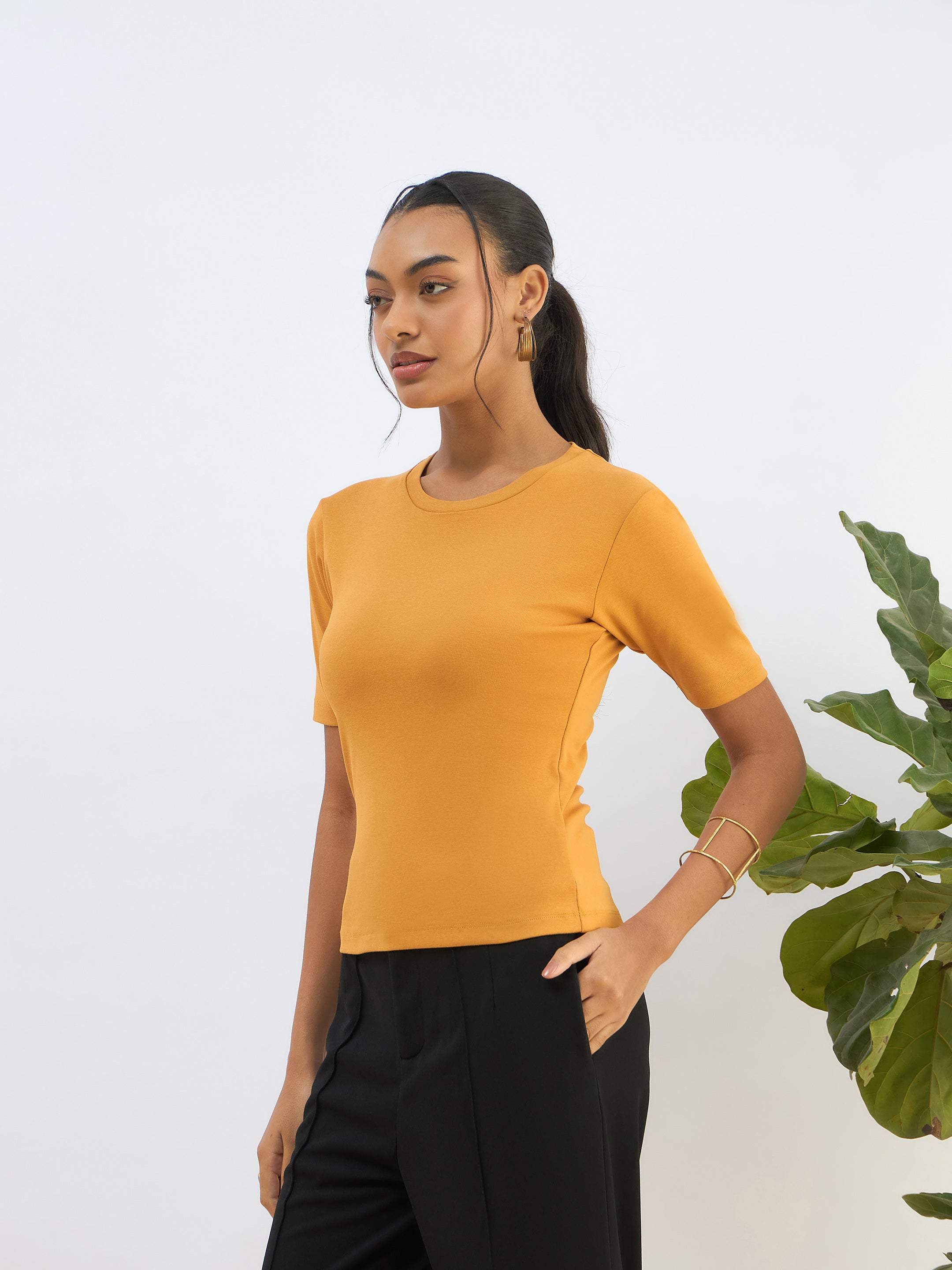 Women Mustard Rib Short Sleeves Top-SFTOPS42274