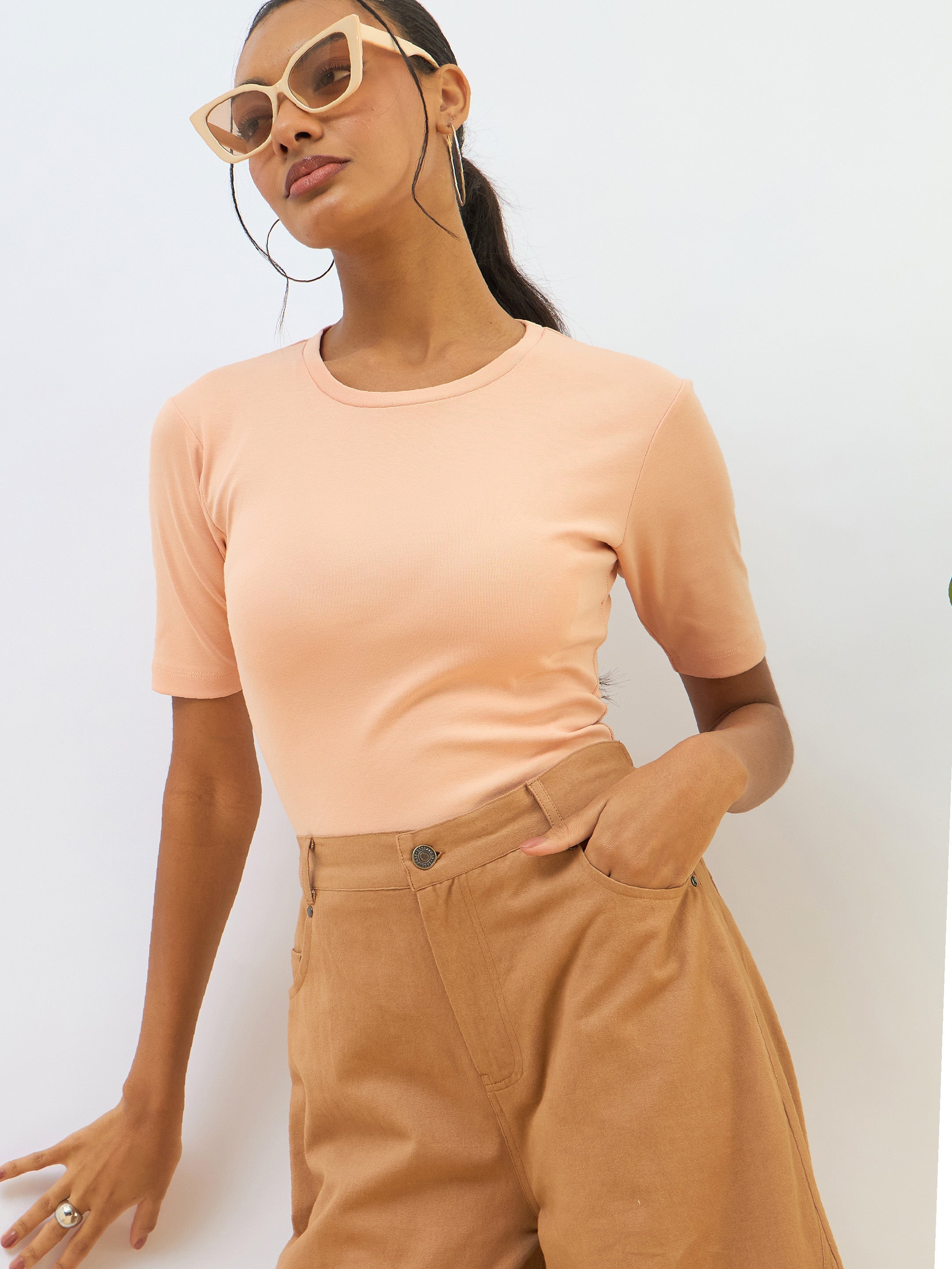 Women Peach Rib Short Sleeves Top-SFTOPS42275
