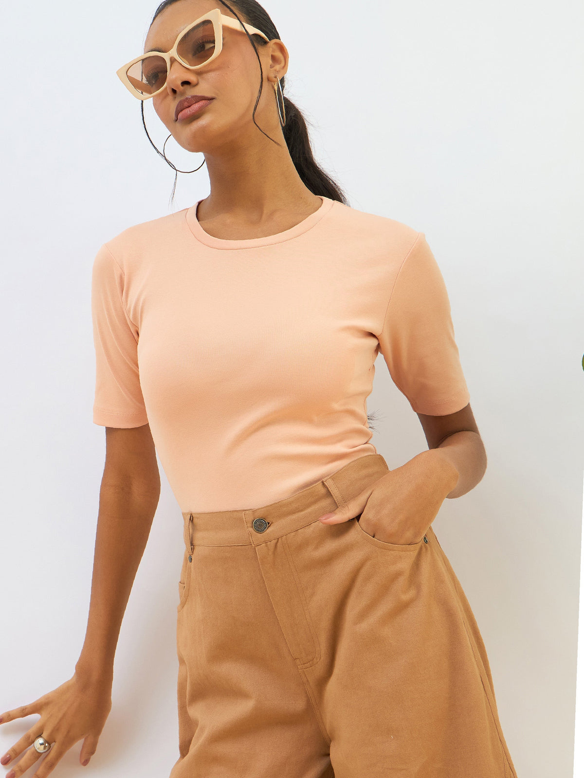 Women Peach Rib Short Sleeves Top-SFTOPS42275
