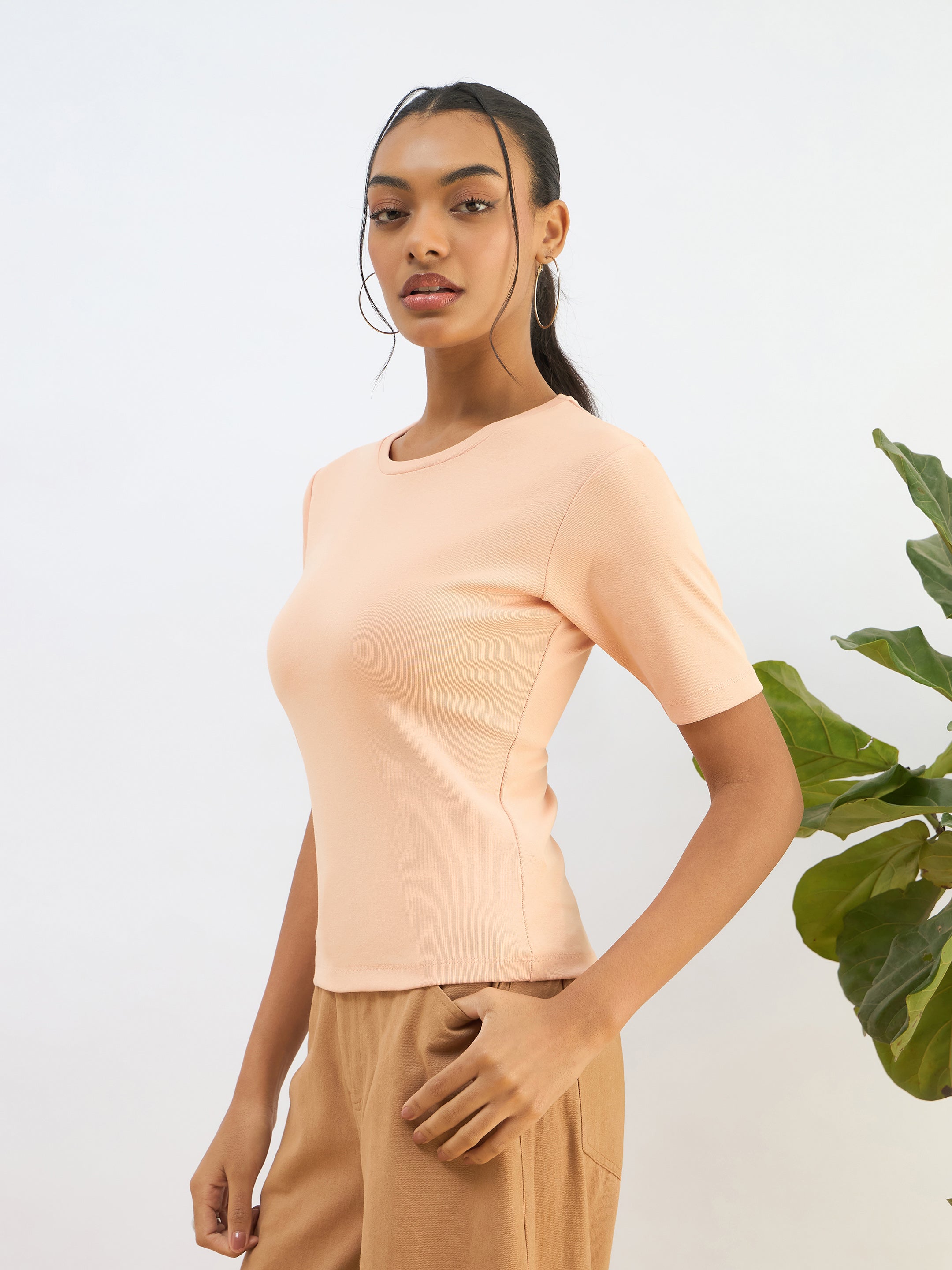 Women Peach Rib Short Sleeves Top-SFTOPS42275