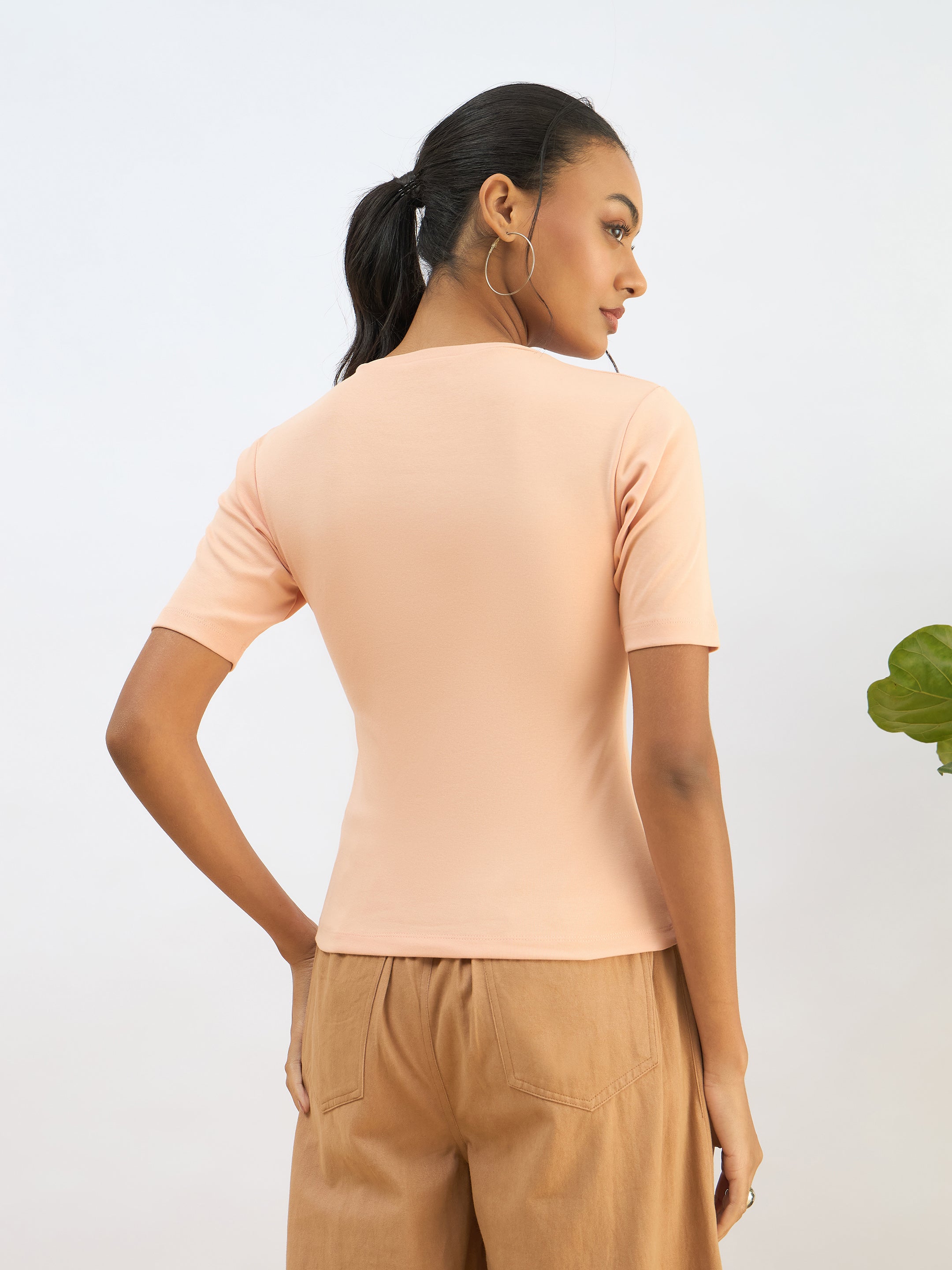 Women Peach Rib Short Sleeves Top-SFTOPS42275