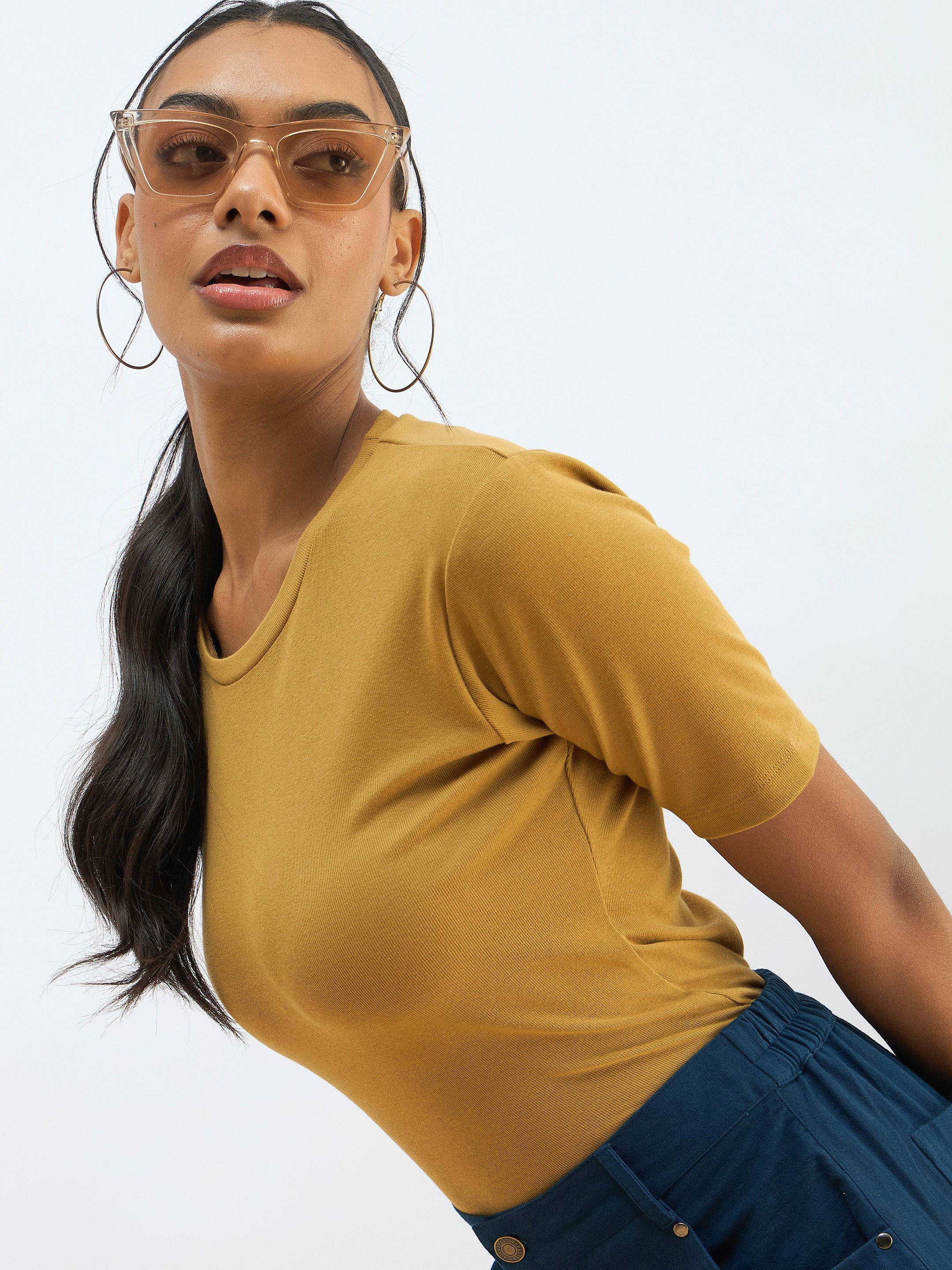 Women Khaki Rib Short Sleeves Top-SFTOPS42276