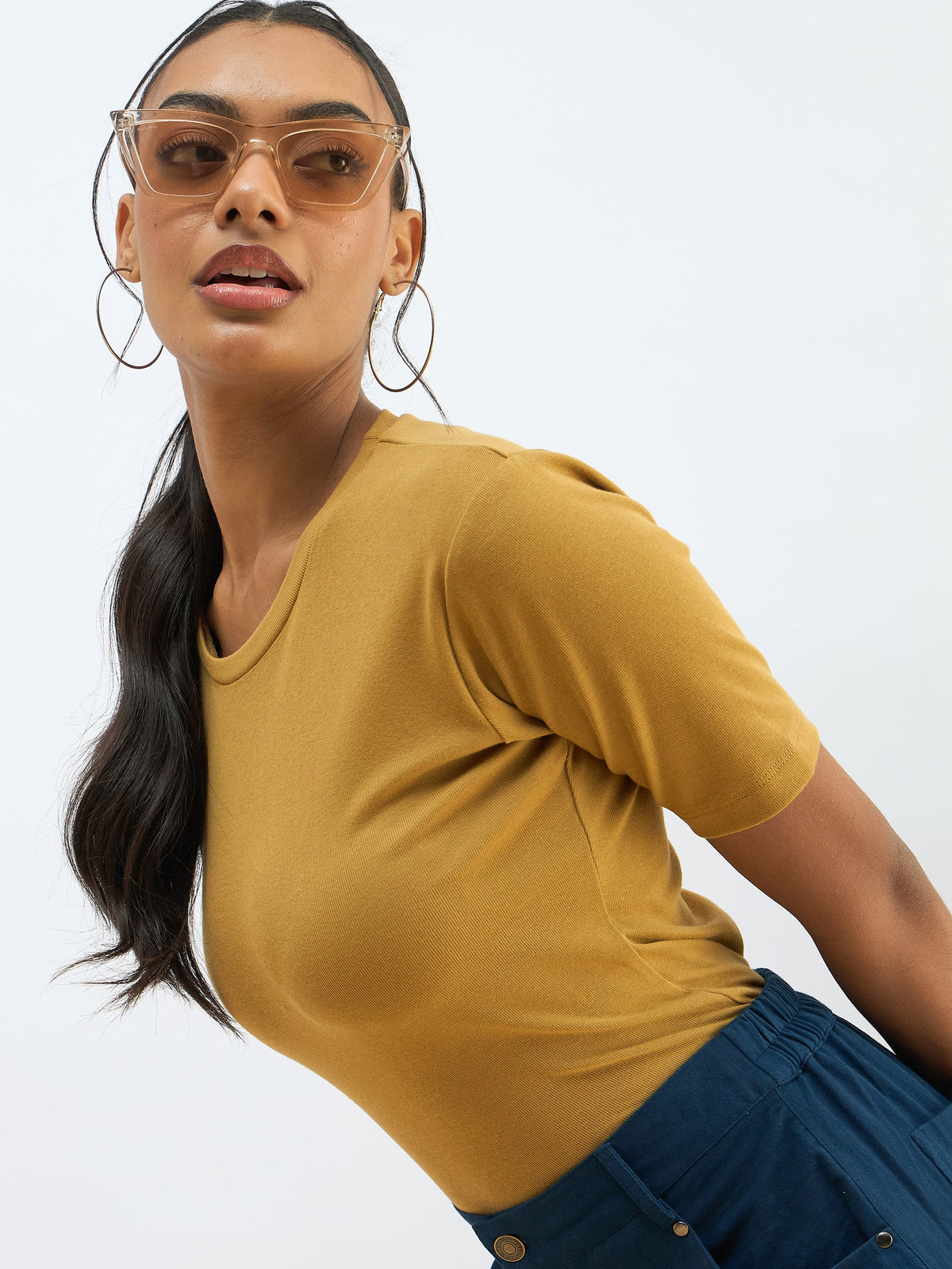Women Khaki Rib Short Sleeves Top-SFTOPS42276