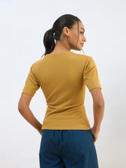 Women Khaki Rib Short Sleeves Top-SFTOPS42276