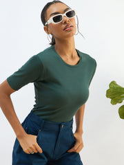 Women Green Rib Short Sleeves Top-SFTOPS42277