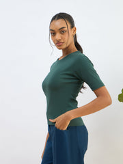 Women Green Rib Short Sleeves Top-SFTOPS42277