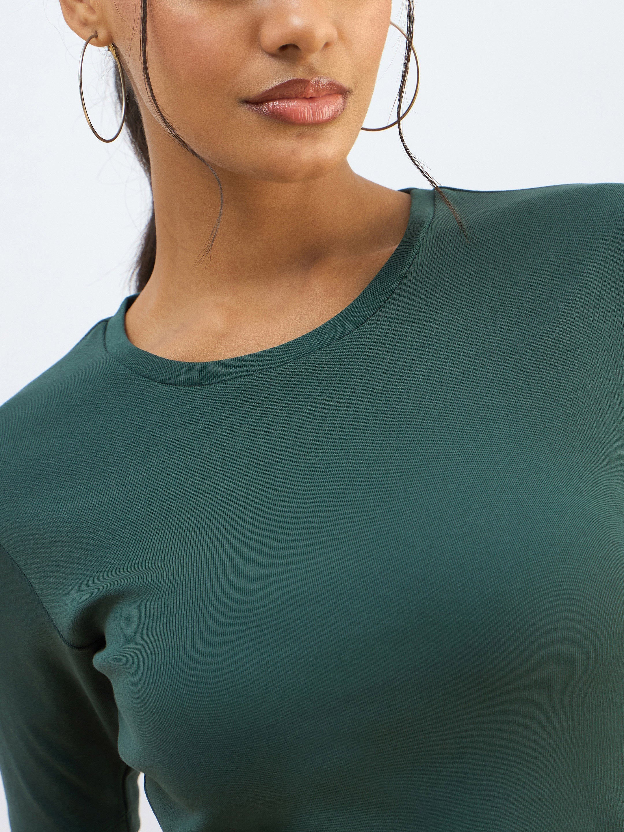 Women Green Rib Short Sleeves Top-SFTOPS42277