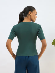 Women Green Rib Short Sleeves Top-SFTOPS42277