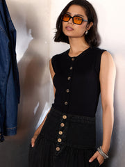 Women Black Kniited Round Neck Button Down Top-SFTOPS42280