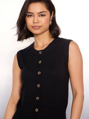 Women Black Kniited Round Neck Button Down Top-SFTOPS42280