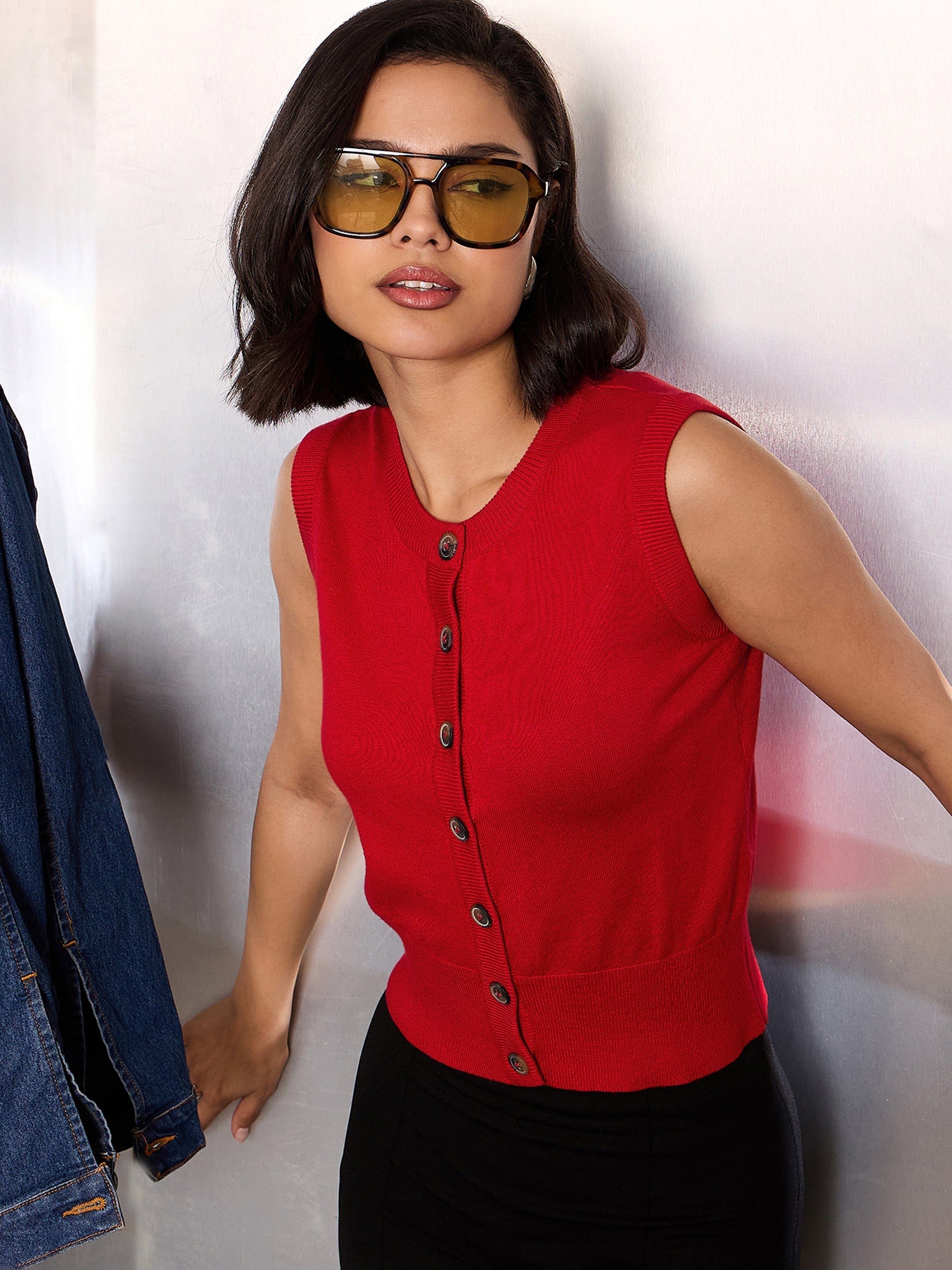 Women Red Kniited Round Neck Button Down Top-SFTOPS42281
