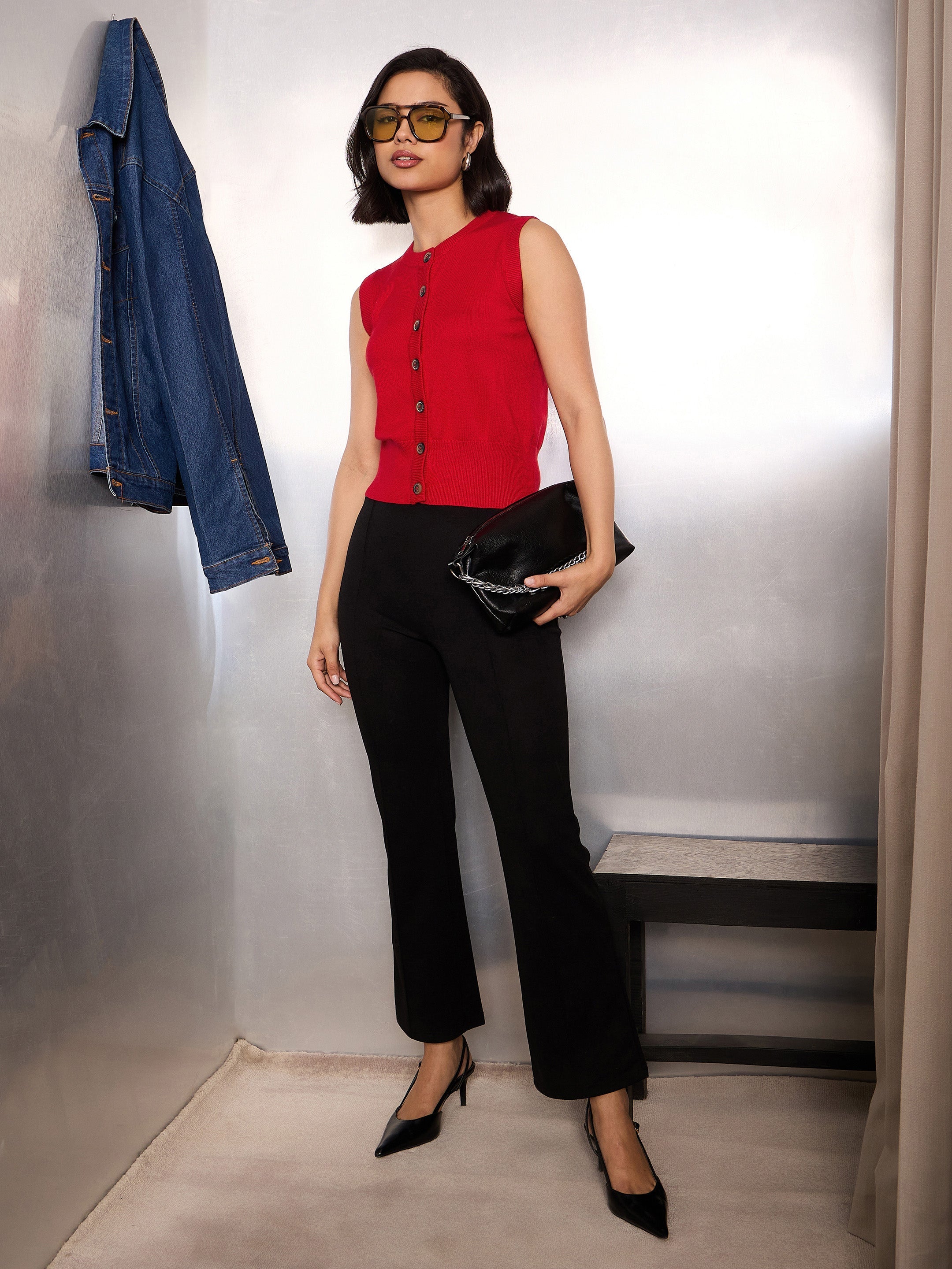 Women Red Kniited Round Neck Button Down Top-SFTOPS42281