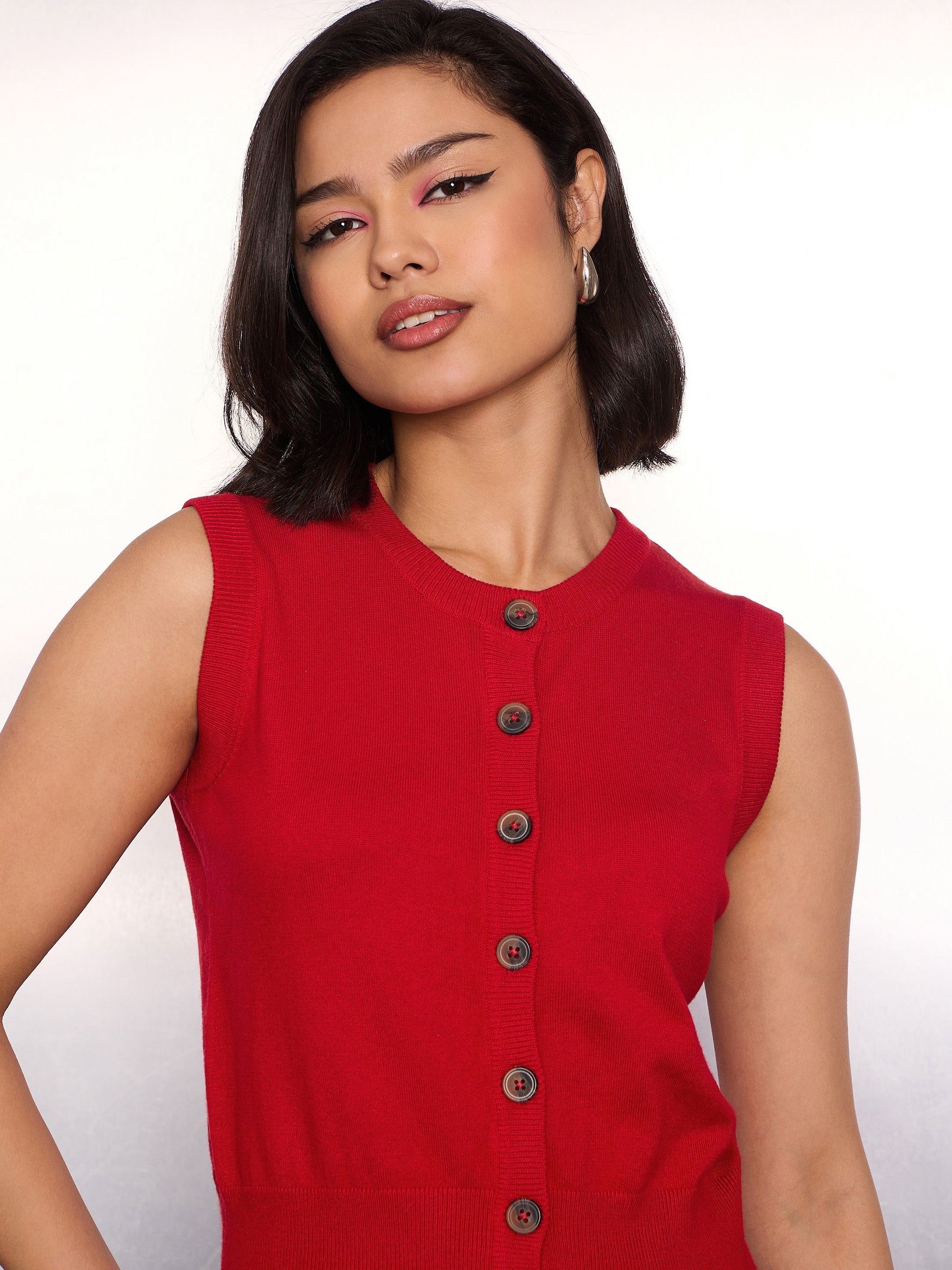 Women Red Kniited Round Neck Button Down Top-SFTOPS42281