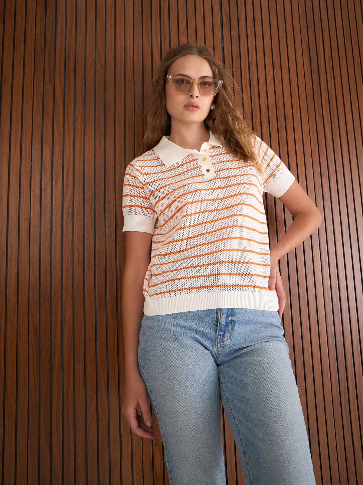 Women Orange & White Crochet Stripess Polo T-Shirt-SFTOPS42285