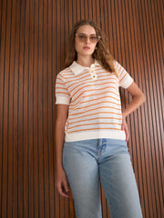 Women Orange & White Crochet Stripess Polo T-Shirt-SFTOPS42285