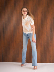 Women Orange & White Crochet Stripess Polo T-Shirt-SFTOPS42285