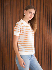 Women Orange & White Crochet Stripess Polo T-Shirt-SFTOPS42285