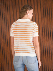 Women Orange & White Crochet Stripess Polo T-Shirt-SFTOPS42285