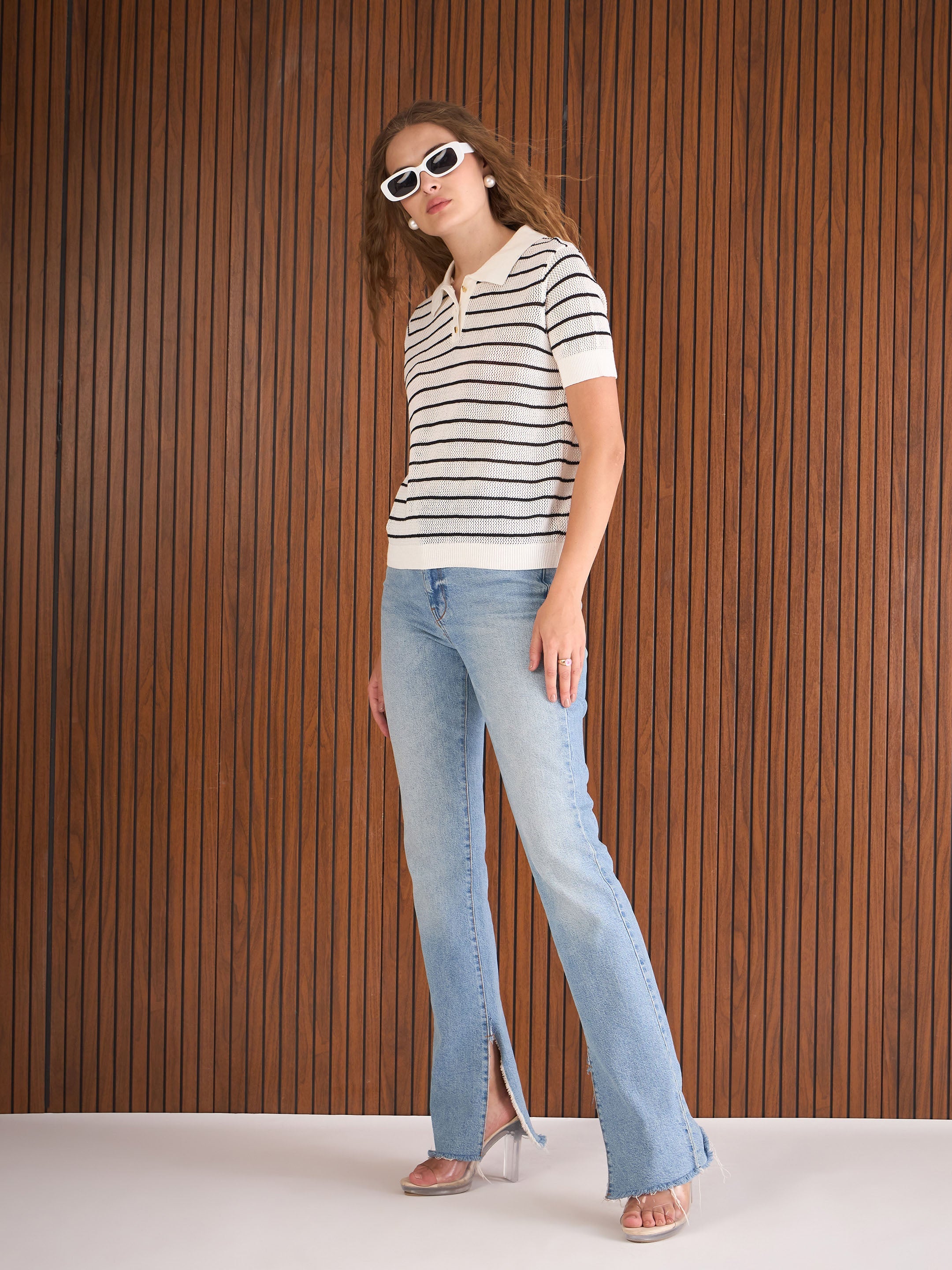 Women Black & White Crochet Stripess Polo T-Shirt-SFTOPS42286
