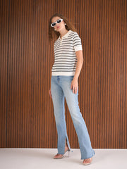 Women Black & White Crochet Stripess Polo T-Shirt-SFTOPS42286