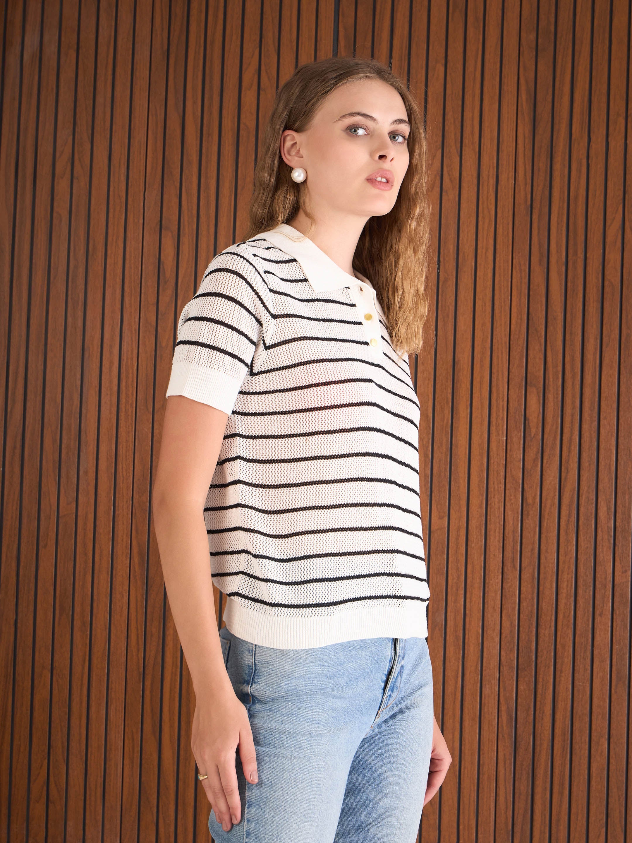 Women Black & White Crochet Stripess Polo T-Shirt-SFTOPS42286