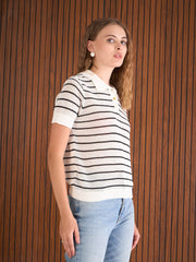 Women Black & White Crochet Stripess Polo T-Shirt-SFTOPS42286