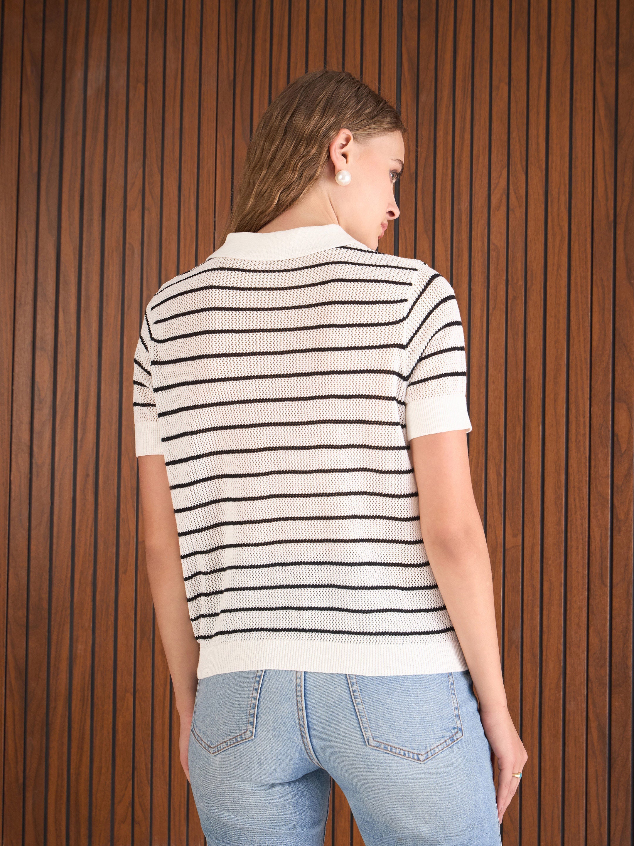 Women Black & White Crochet Stripess Polo T-Shirt-SFTOPS42286
