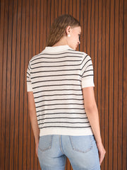 Women Black & White Crochet Stripess Polo T-Shirt-SFTOPS42286
