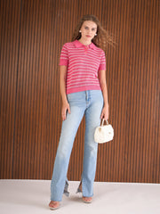Women Pink & White Crochet Stripess Polo T-Shirt-SFTOPS42287