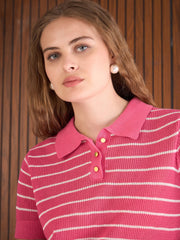 Women Pink & White Crochet Stripess Polo T-Shirt-SFTOPS42287