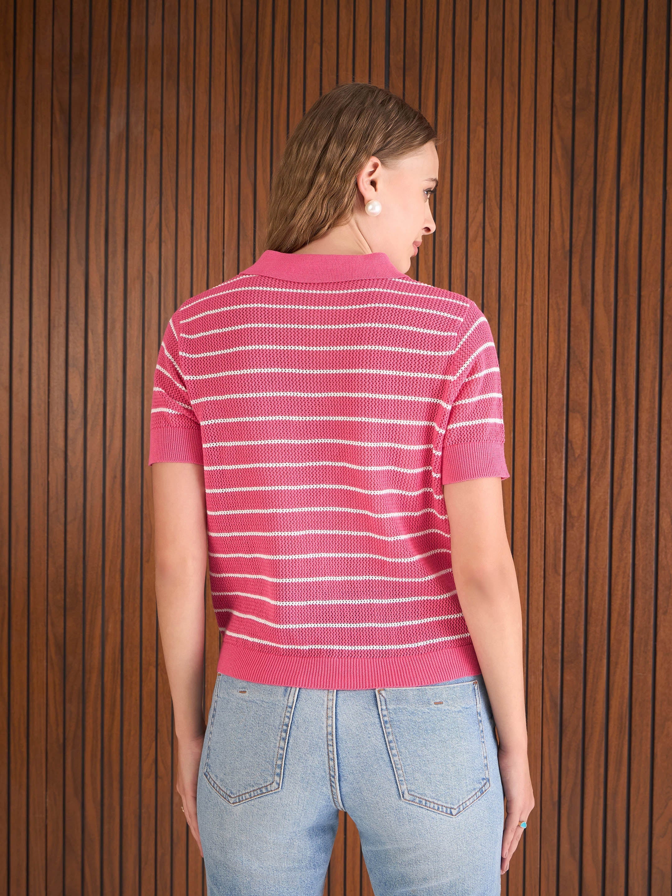 Women Pink & White Crochet Stripess Polo T-Shirt-SFTOPS42287