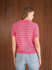 Women Pink & White Crochet Stripess Polo T-Shirt-SFTOPS42287